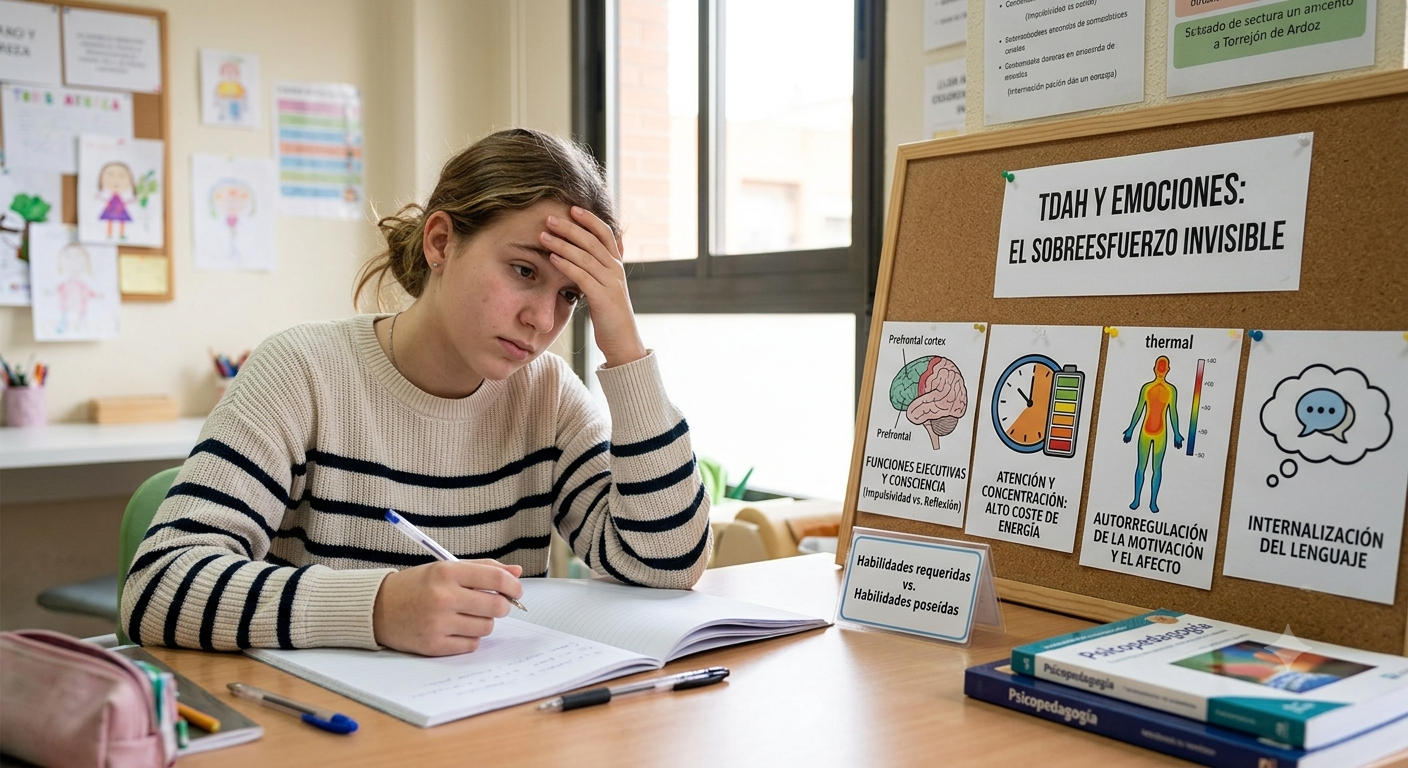 Estudiante neurodivergente en el aula recibiendo apoyo psicopedagógico y comprensión en su pupitre